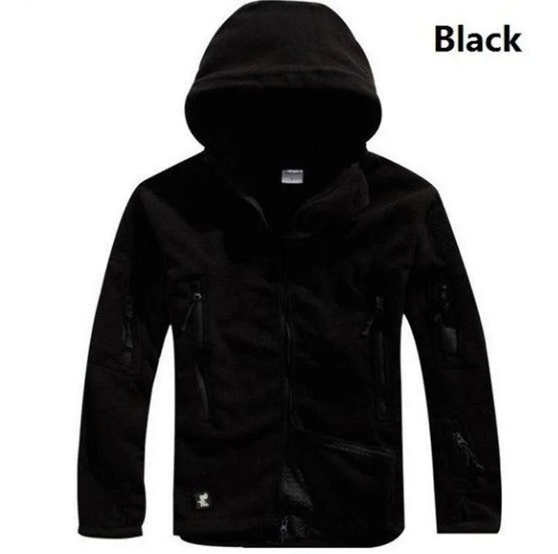Men's military winter thermal fleece tactical jacket in khaki with multiple pockets on a model