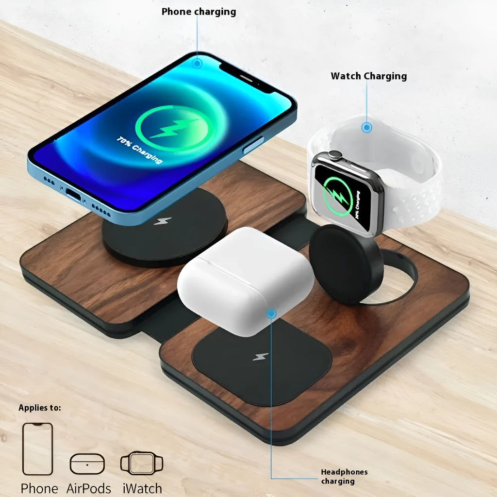 Three-in-one foldable magnetic wireless charger with walnut base and stand, charging a phone, earbuds and watch.
