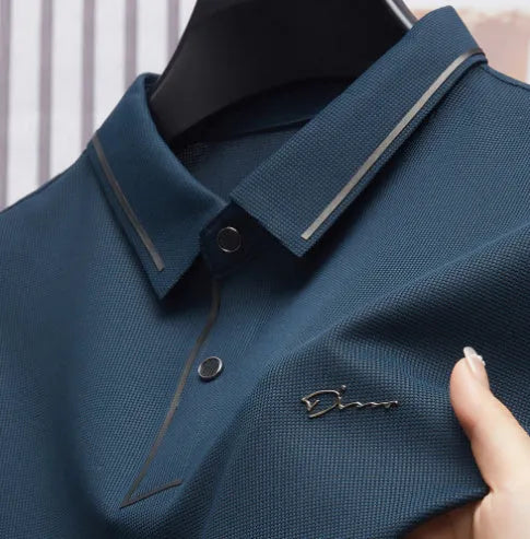 Men's ice silk short sleeve shirt collar summer polo shirt, loose fit, solid colour, nylon fabric, casual top