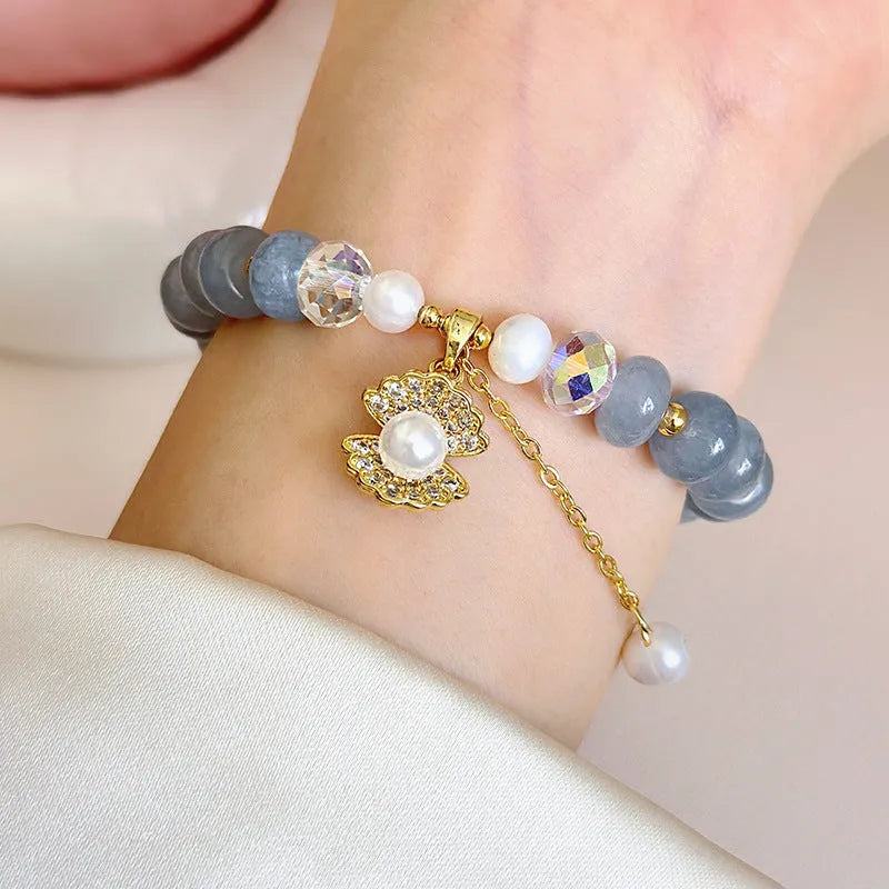Natural aquamarine pearl and shell healing bracelet with adjustable closure