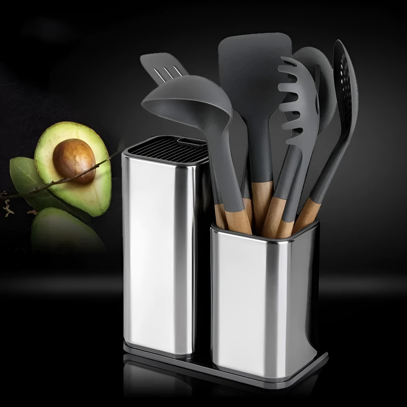 Stainless steel kitchen knife holder with storage bucket in black colour showing detachable drainage base