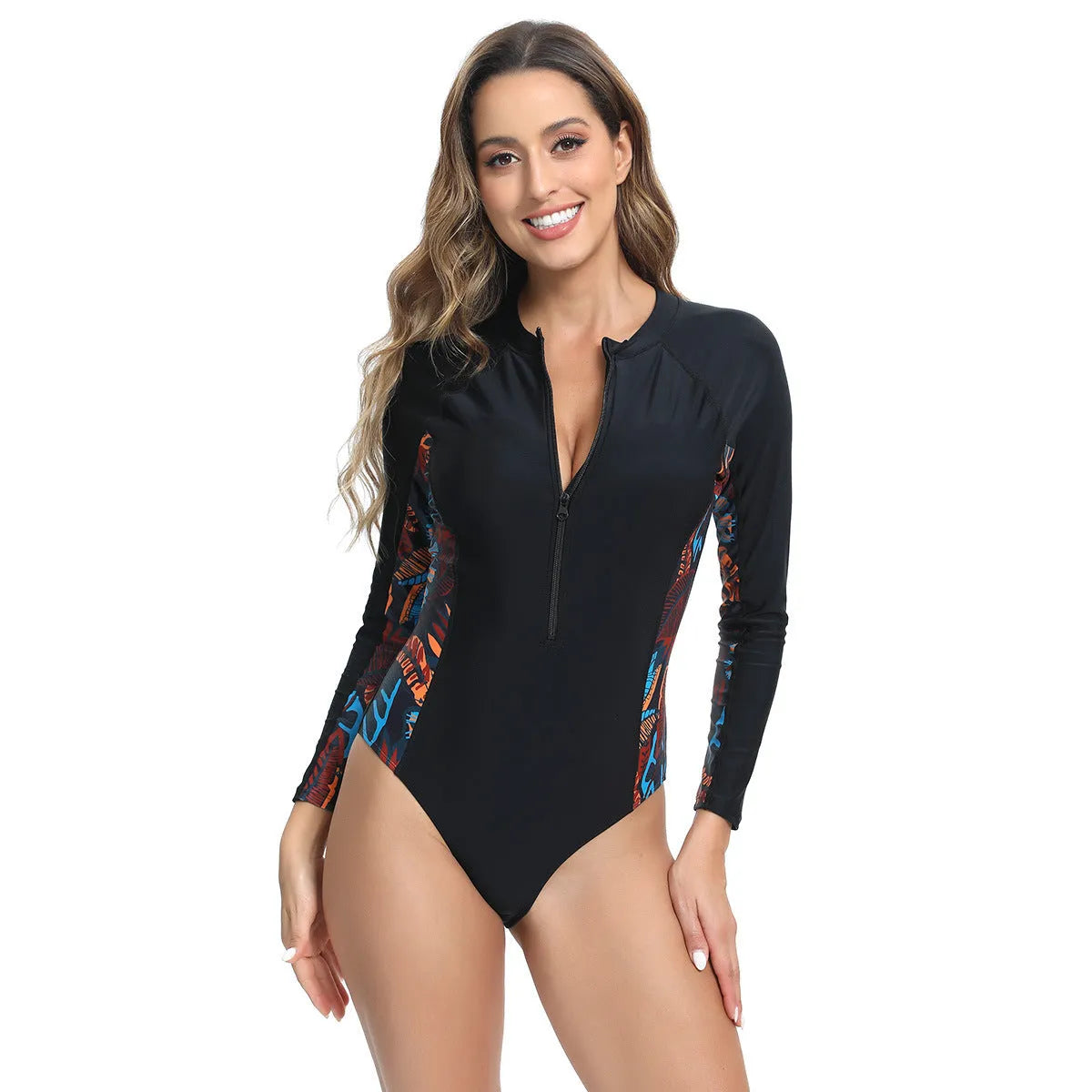 Women's long sleeve one-piece swimsuit with floral print pattern and triangle cut design