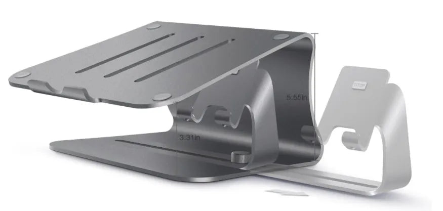 Desktop lazy bracket in gray and silver on a desk, measuring 26x24.3x19cm.