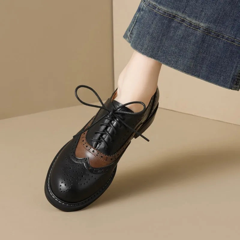 Brown women's sheepskin stitching retro brogue leather shoes with low heel and cross strap