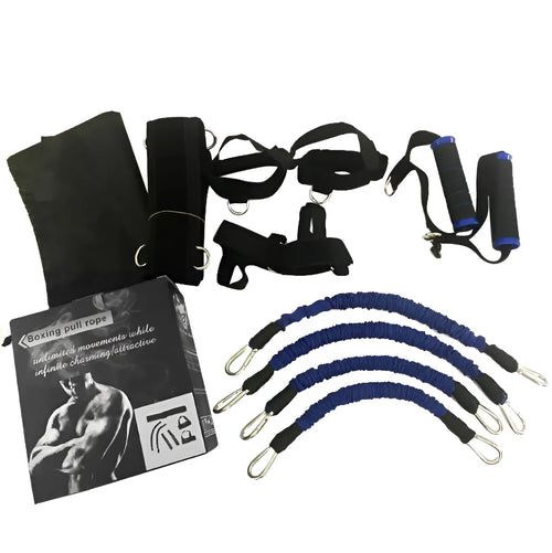 Boxing training belt set with 30LBS pull tubes, black waist belt, and straps on floor