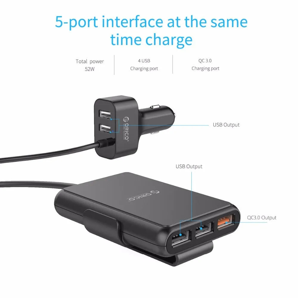 ORICO black 5-port car charger with QC3.0 expander, 1.8m cable, and USB-A ports