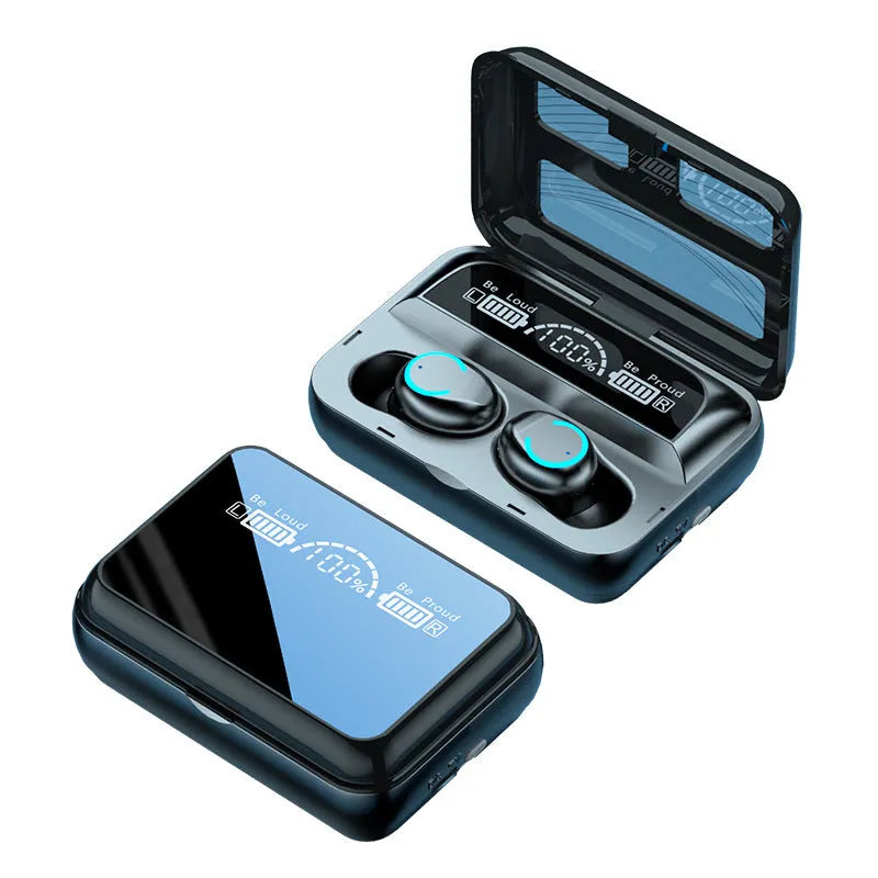 R12 luxury mirror black Bluetooth sports in-ear headset with magnetic charging bay and flashlight