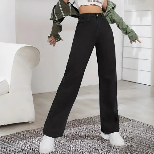 Black straight stretch casual trousers in cotton denim with high waist and straight leg