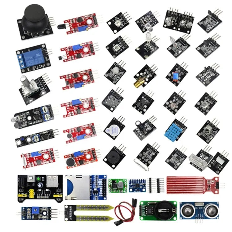 37-in-1 sensor kit modules for Arduino including relay, microphone, temperature, and infrared sensors on a table