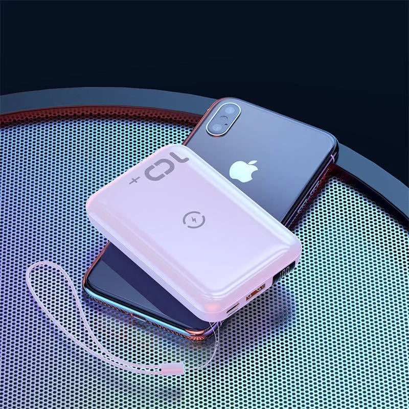 Small square wireless fast charge power bank with digital display showing battery percentage