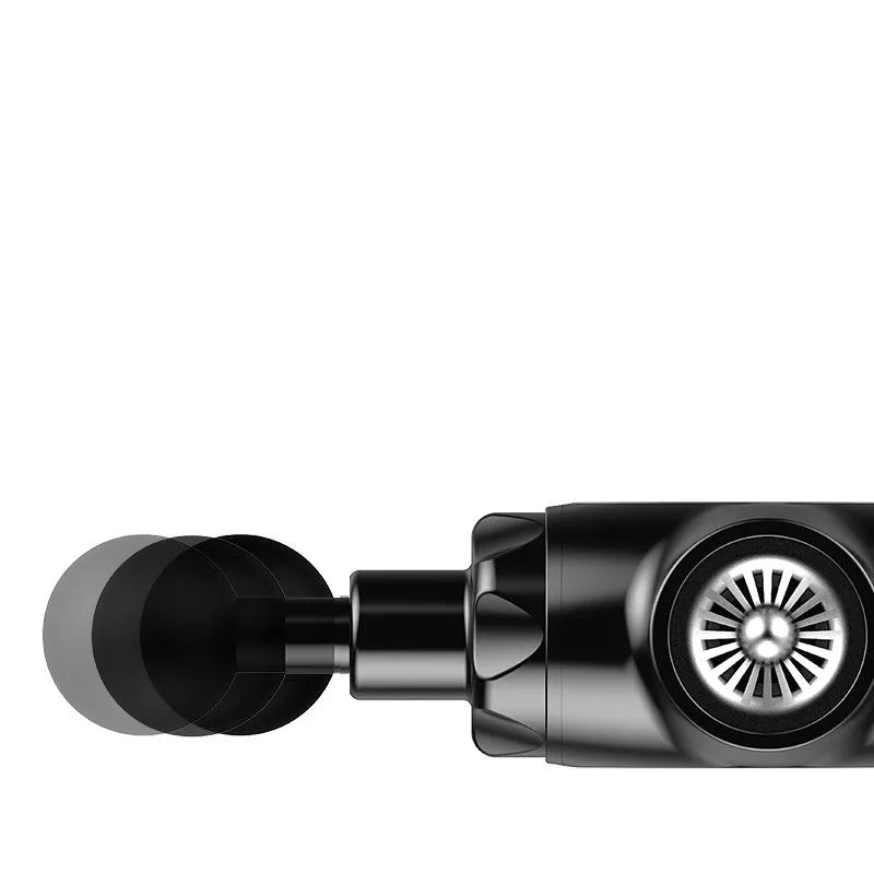 Black and white rechargeable muscle massager gun with adjustable speed settings.