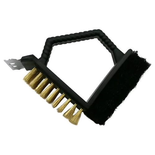 Triangular barbecue cleaning brush with steel wire bristles and blue PP plastic handle