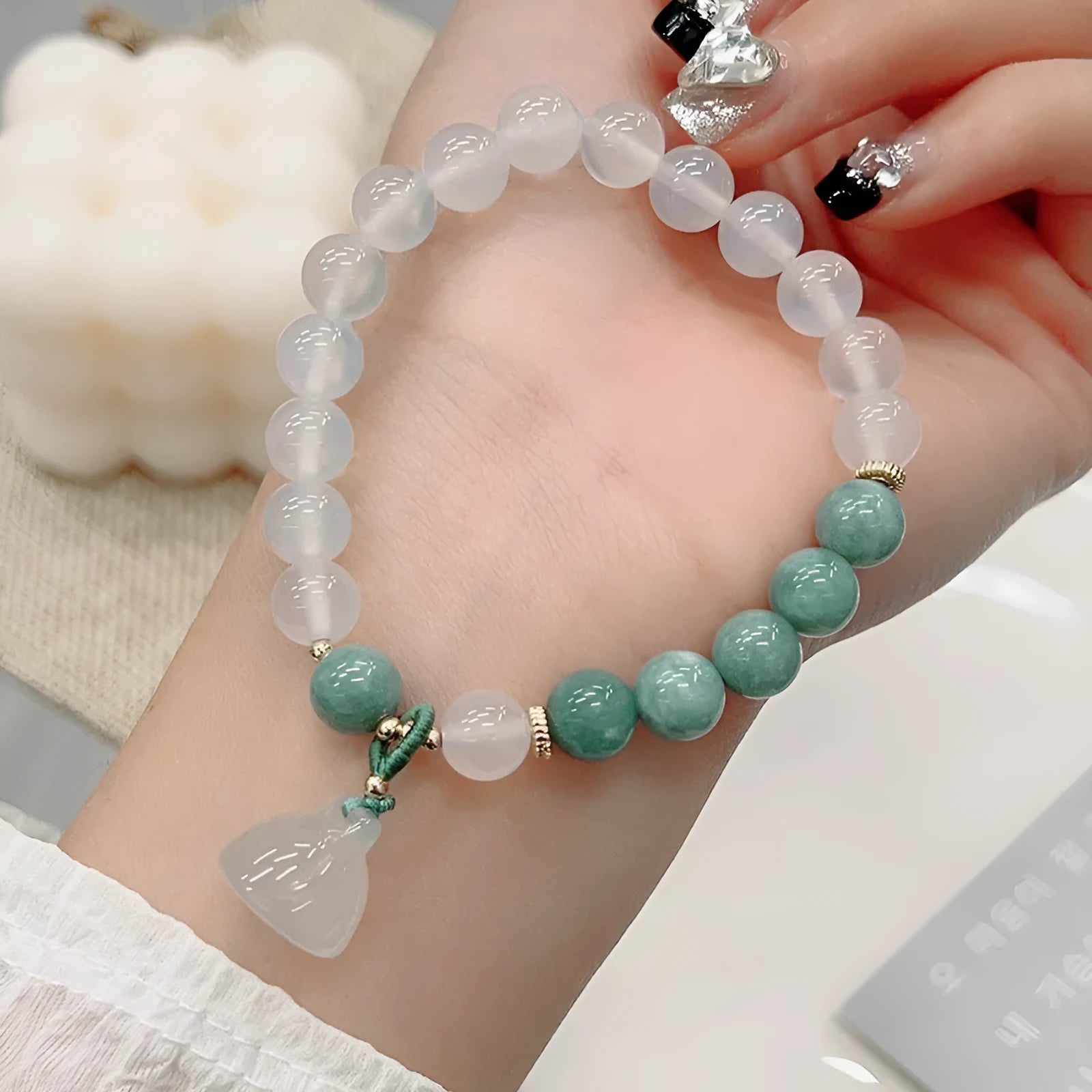 Women's retro Chinese style agate lotus seedpod bracelet with Burma jade elements