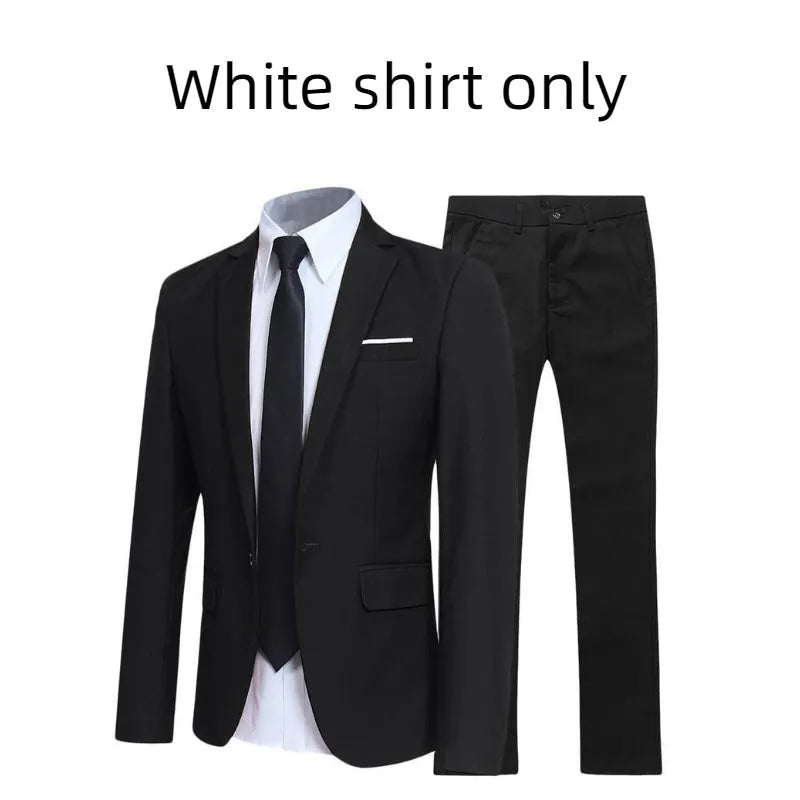 3-piece men's suit set with jacket, trousers, and white shirt in black, polyester fabric, back centre vent, front view