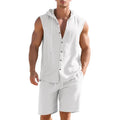 Men's linen sleeveless shirt and shorts suit in army green, front view, summer casual two-piece set