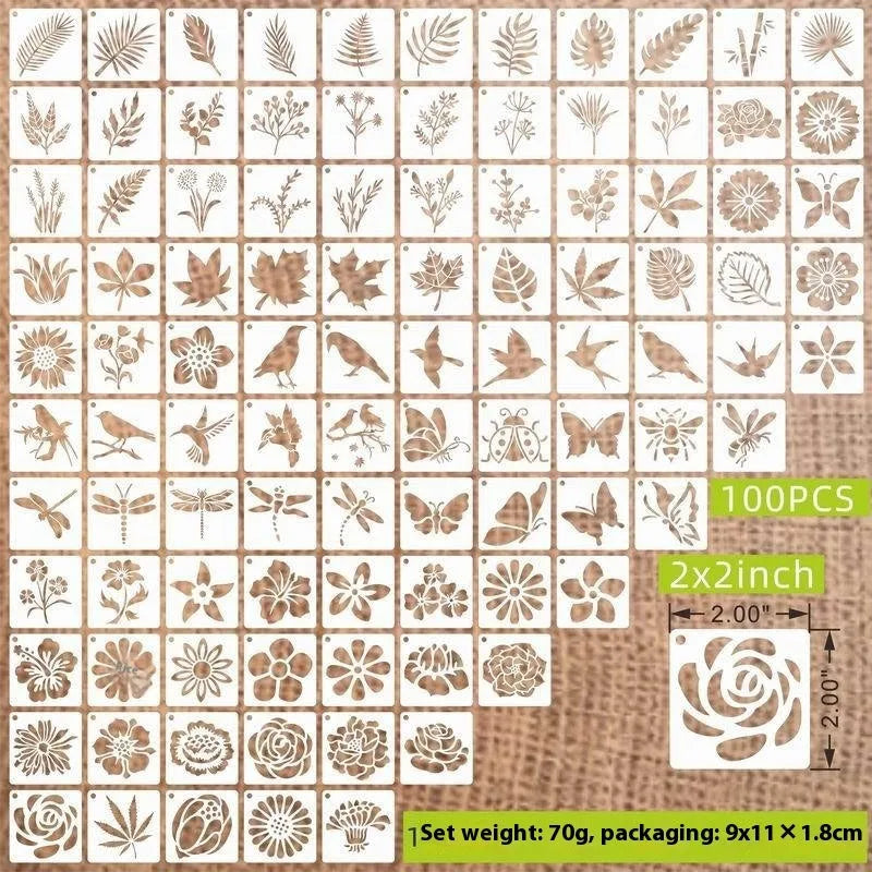 100 pieces of 2-inch milky white PET film spray painting templates showing floral, animal, and letter designs