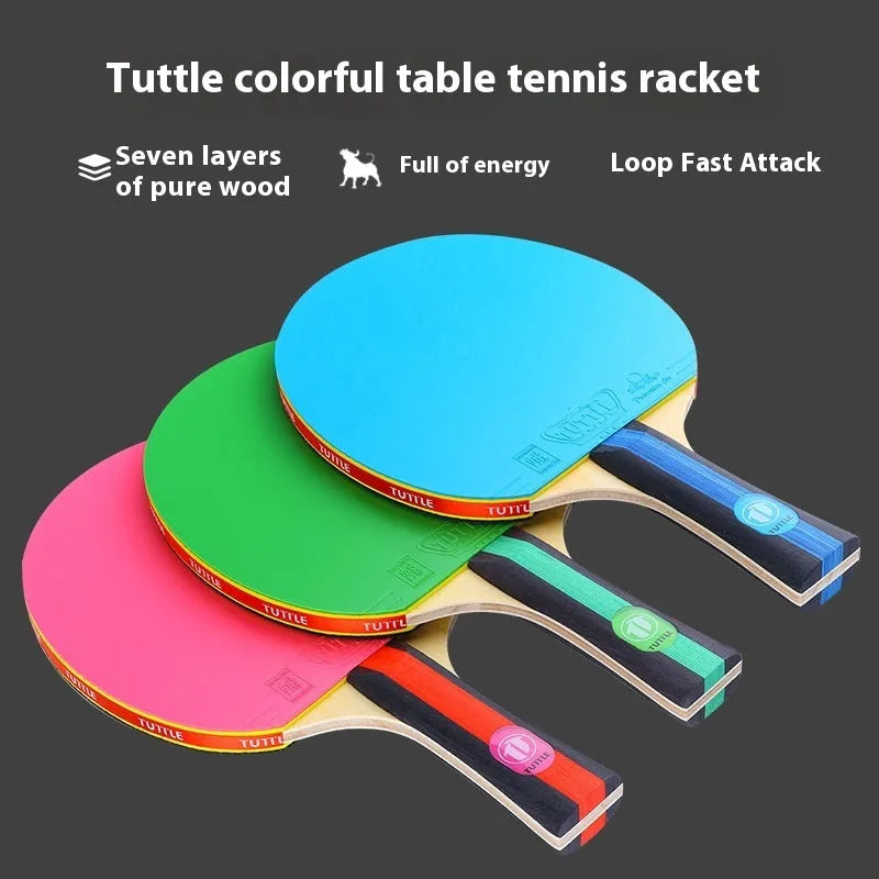 Pink, blue, and green table tennis rackets with long shakehand grips and matching protective cover bags.