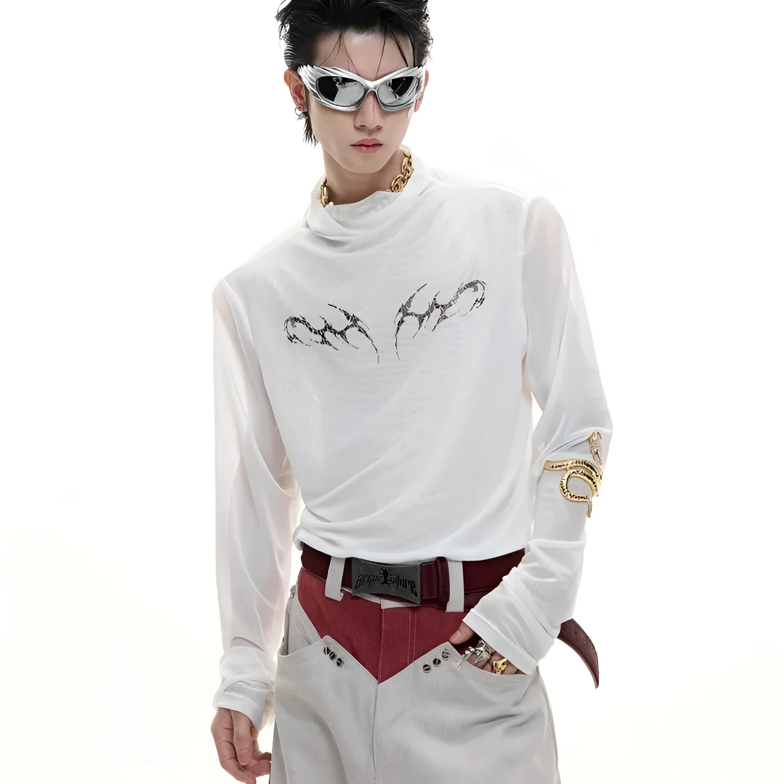 Slim-fit long-sleeved mesh shirt in black, shown as a base layer for athletic wear.