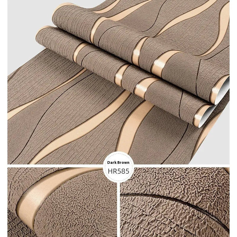 Curve stripe patterned 3D textured wallpaper roll for video wall backgrounds in light grey and dark brown colours