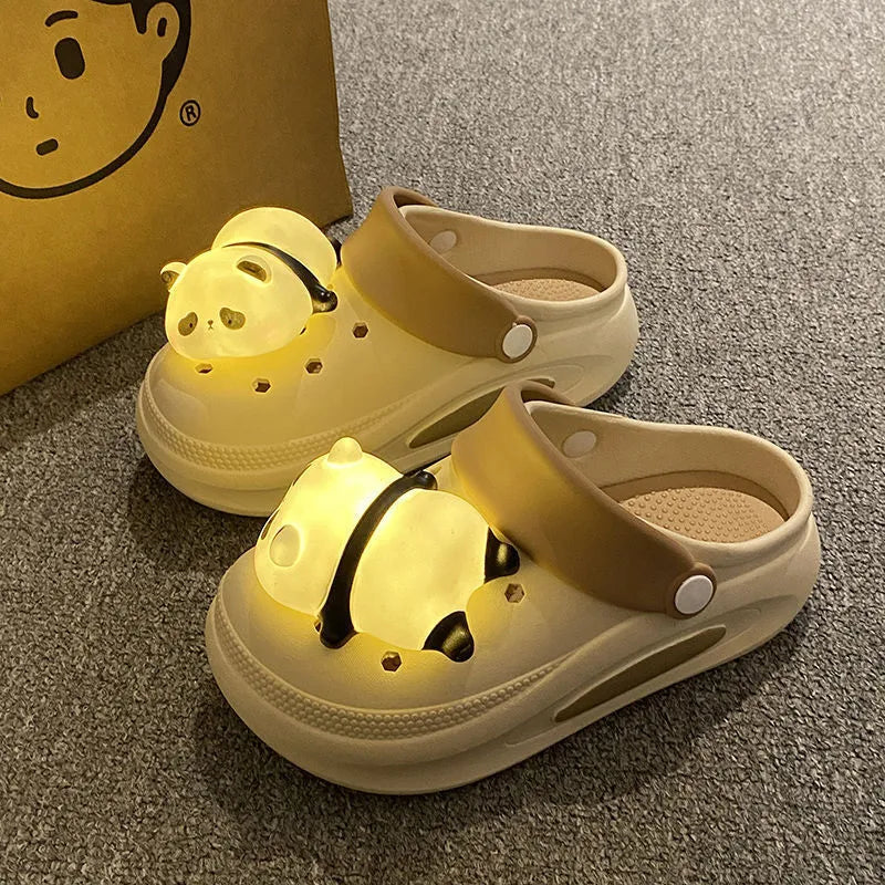 Women's anti-slip platform panda light hole slippers in Khaki, thick PVC sole, size 36-37