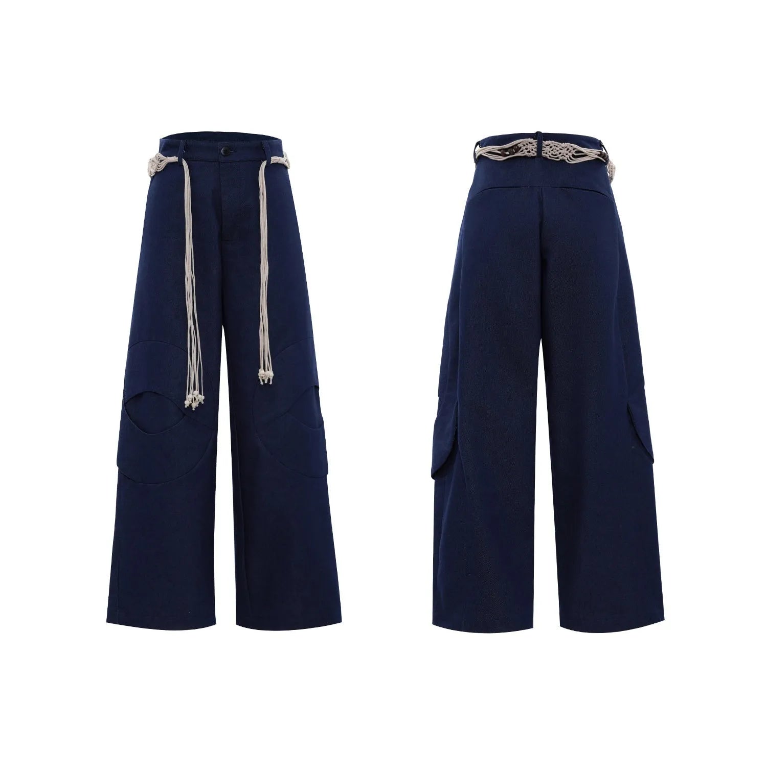 Man wearing dark blue loose-fit straight-leg cotton jeans with zip decoration and belt stitching.
