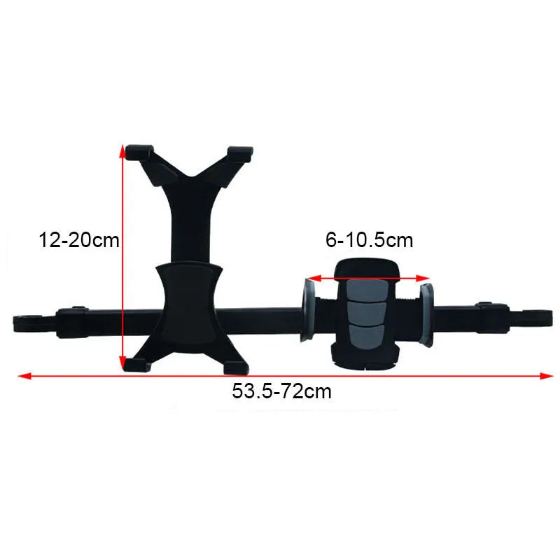Black universal tablet PC car back seat bracket holding a tablet, with 360-degree rotation feature visible