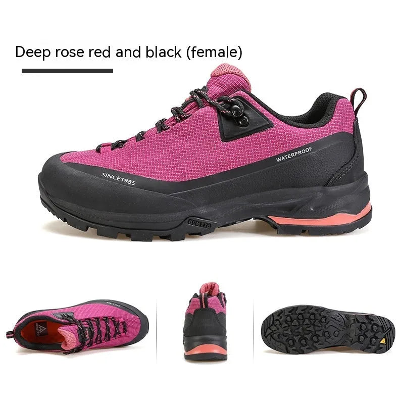 Men's low-top hiking shoes with leather mesh upper and round toe design