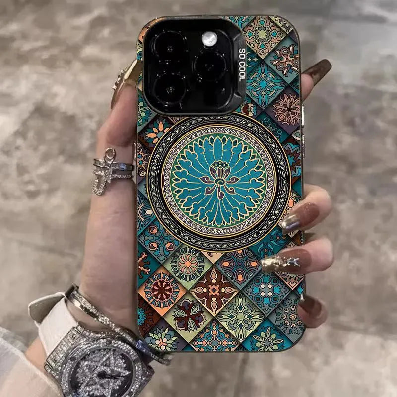 Ethnic style patterned iPhone case in silver, hard PC matte anti-slip cover