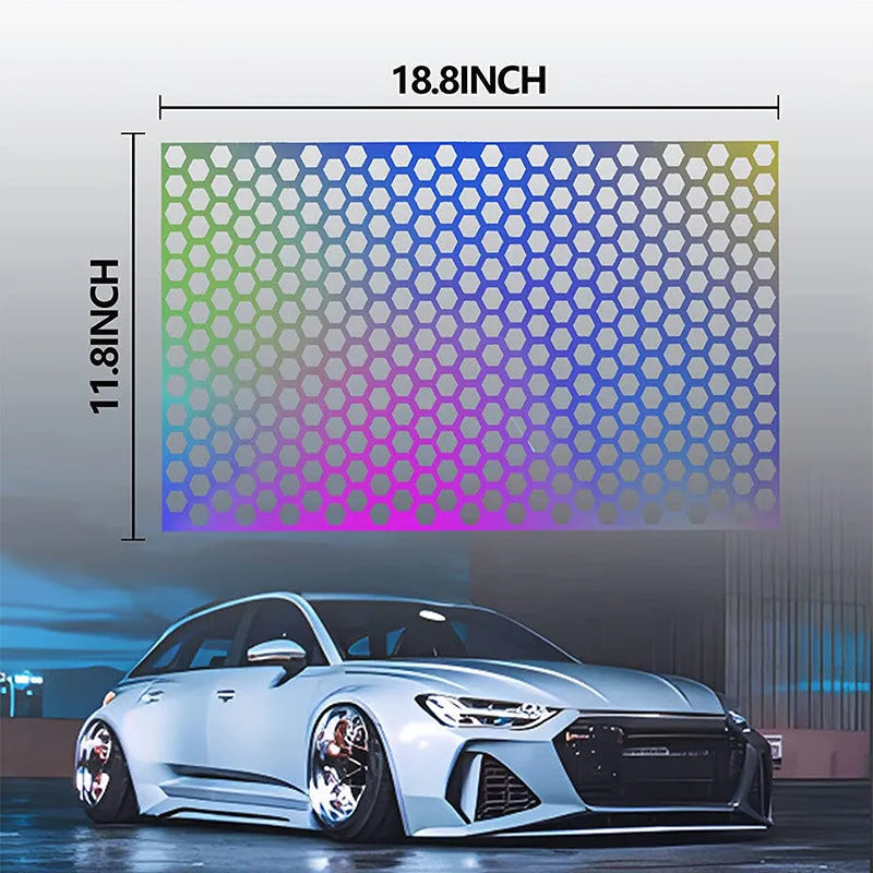 Honeycomb pattern car taillight sticker set showing carbon fibre, colourful and black finishes
