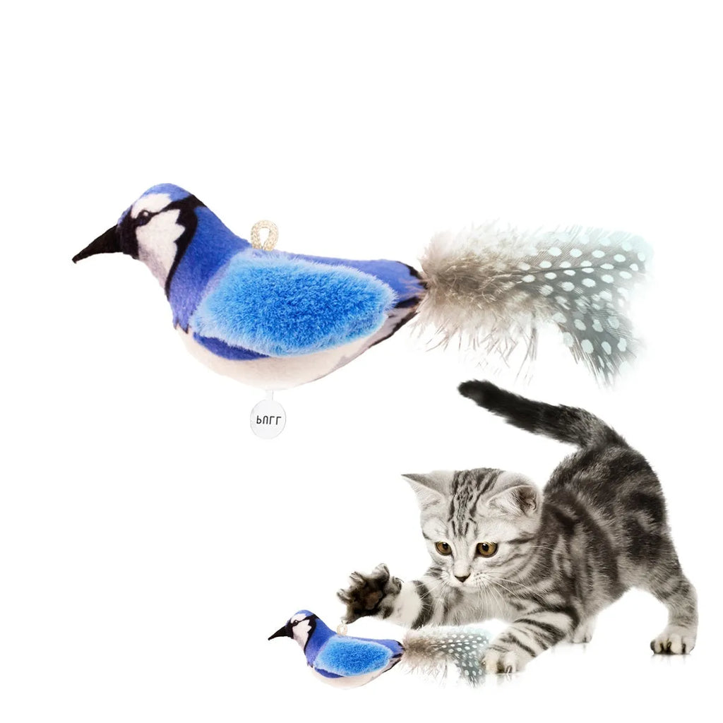 Colourful bird simulation cat plush toy with flapping wings in blue kingfisher design