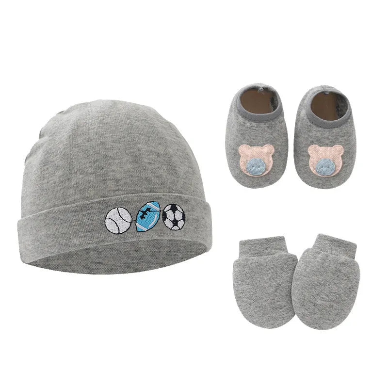 Cotton baby gloves and foot cover set in multiple colours including light blue, navy blue, pink, and camel