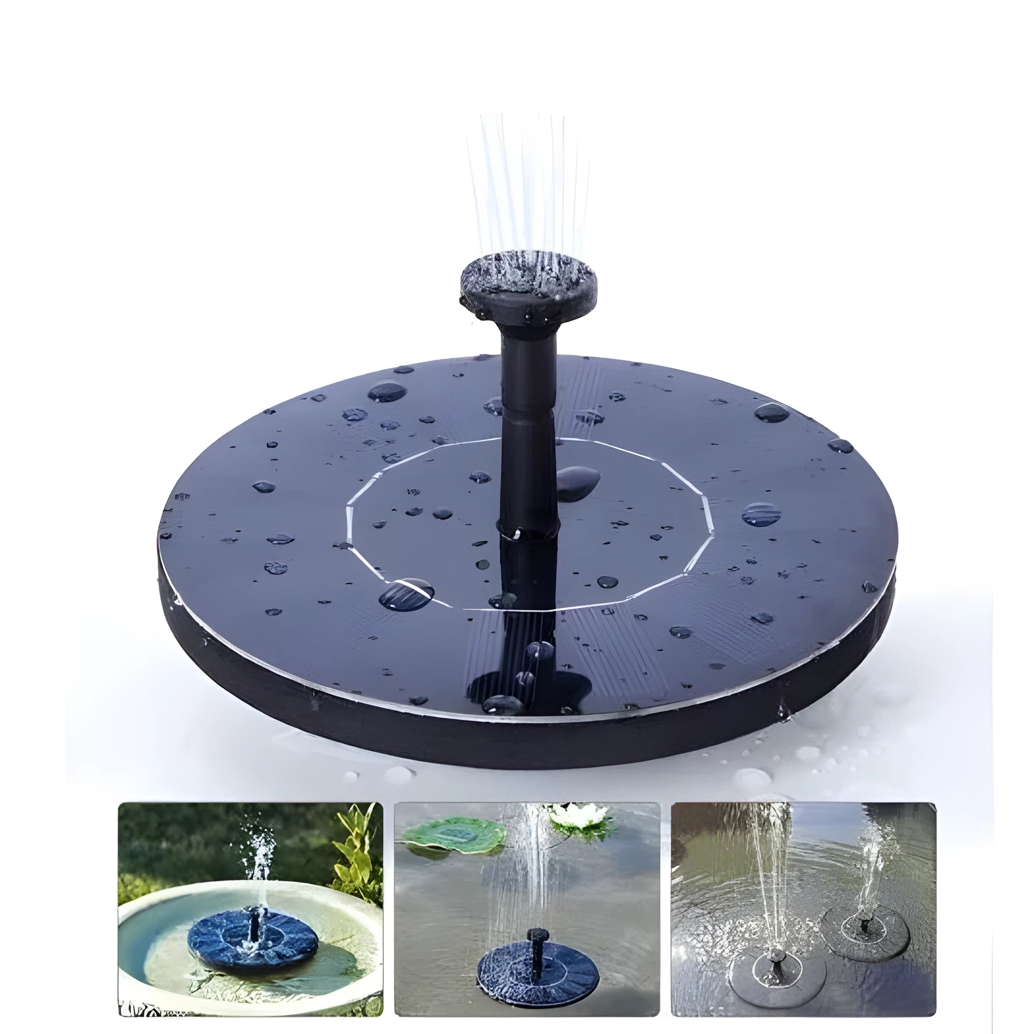 Black solar garden fountain pump with panel and four spray nozzles on grass