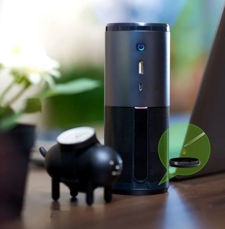 Grey black USB UV sterilising car air purifier with HEPA filter and aluminium alloy body