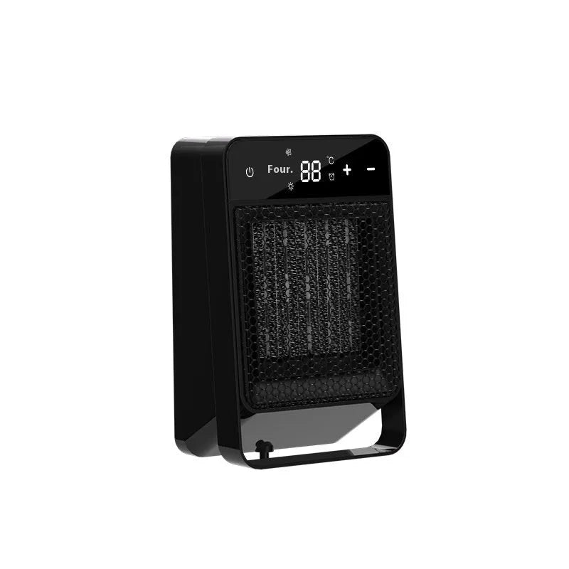 Black or white desktop electric heater with digital touch screen display and remote control on a wooden desk.