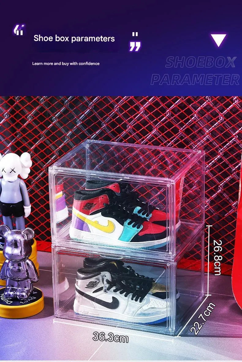 Large clear acrylic shoe storage box with a lid and a magnetic side door open, showing interior space.