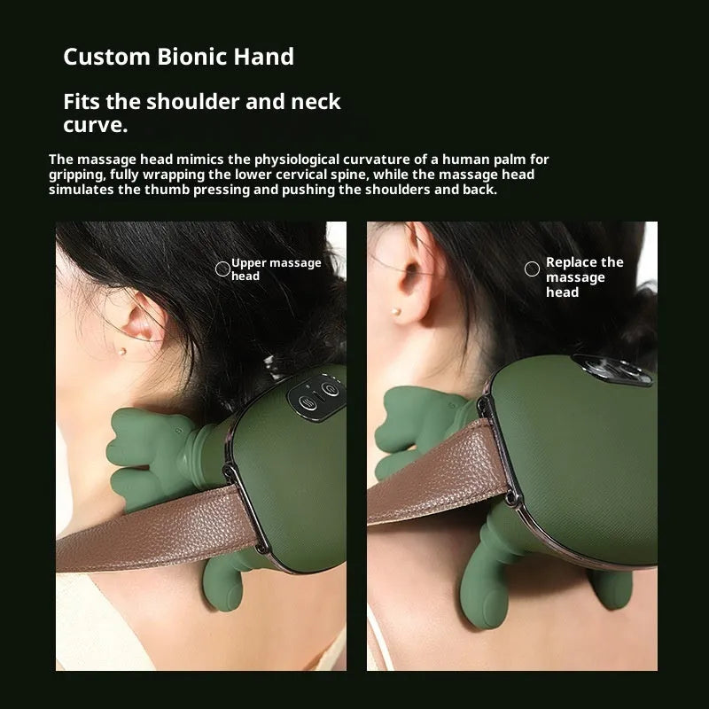 Rechargeable trapezius neck hand shoulder massager in green silicone paint with multi-mode and heat