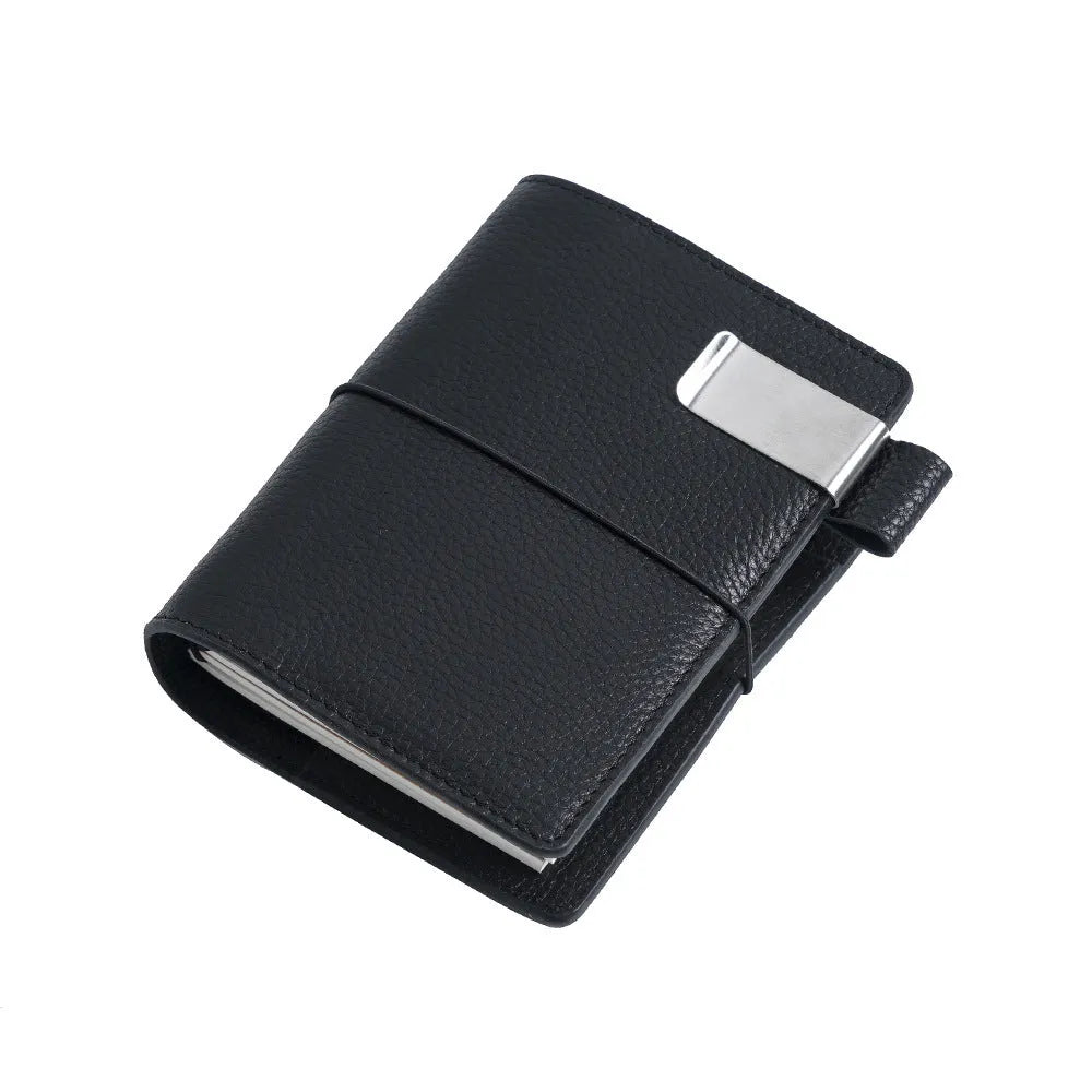 Genuine leather travel notebook card holder with pen holder, three refill cores, and kraft paper pages in five colour options