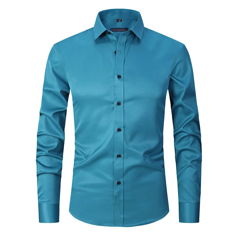 Men's stretch polyester long sleeve work shirt shown in a colour option, laid flat to show design.