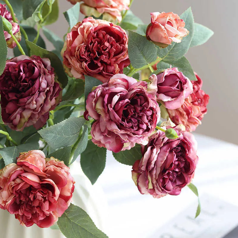 Three head artificial silk rose flower with baked edge petals in beige colour