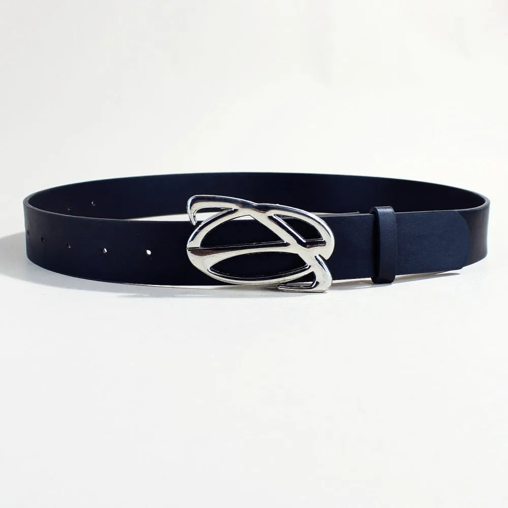 Men's silver buckle casual belt with snap button fastening on PU leather strap
