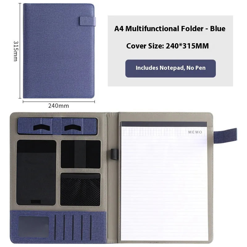 Leather A4 business folder in black, open to show 35mm thick plate and space for documents