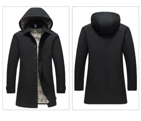 Men's solid colour trench coat with detachable hat in khaki, side seam pockets, polyester blend fabric