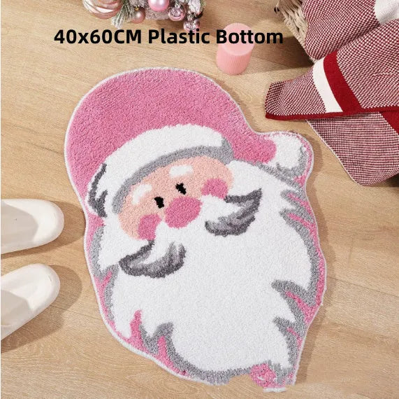 Christmas hallway mat with irregular shape and festive printed designs including Santa Claus pattern