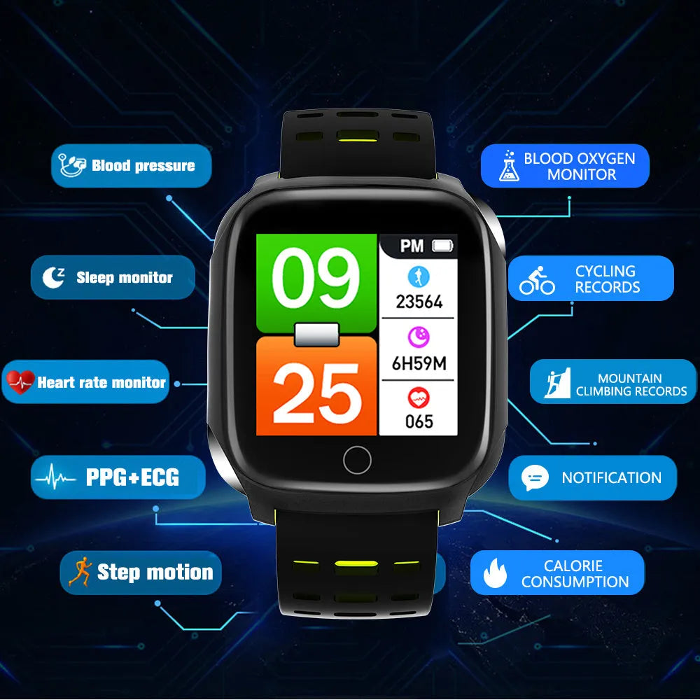 F16 smart watch with ECG monitor on a silicone wristband, showing the IPS display and physical button.