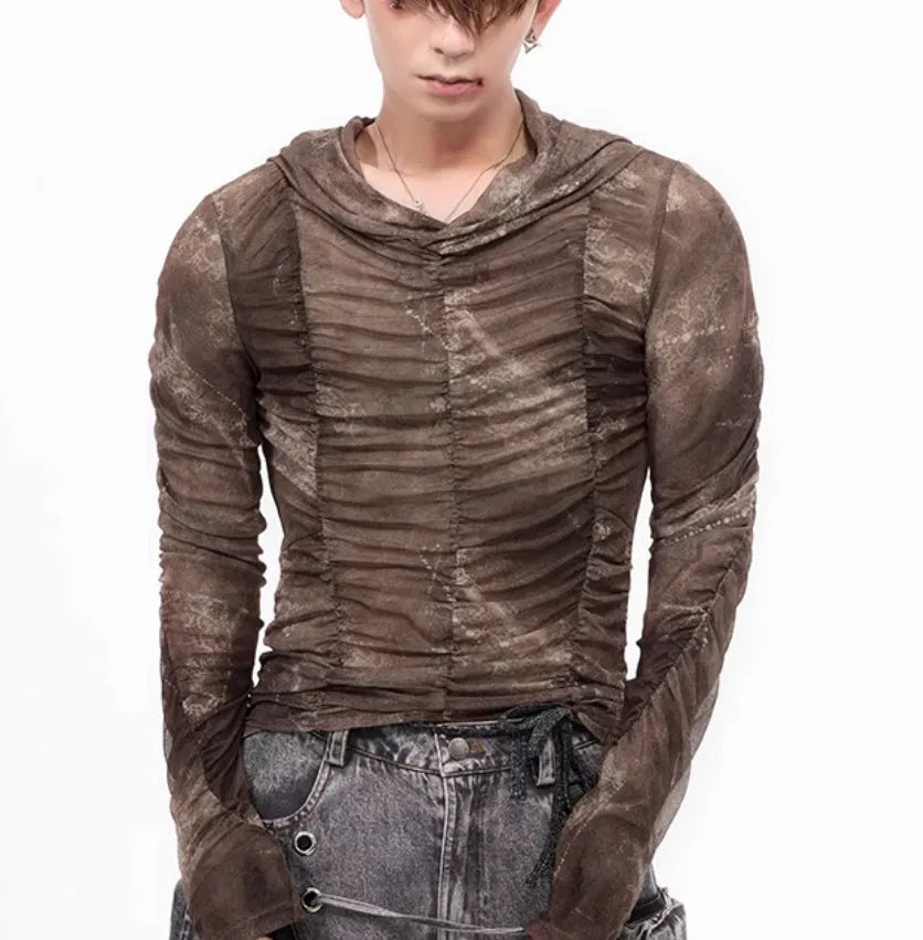 Boys lightweight ice silk shirt with printing pleating details in picture colour