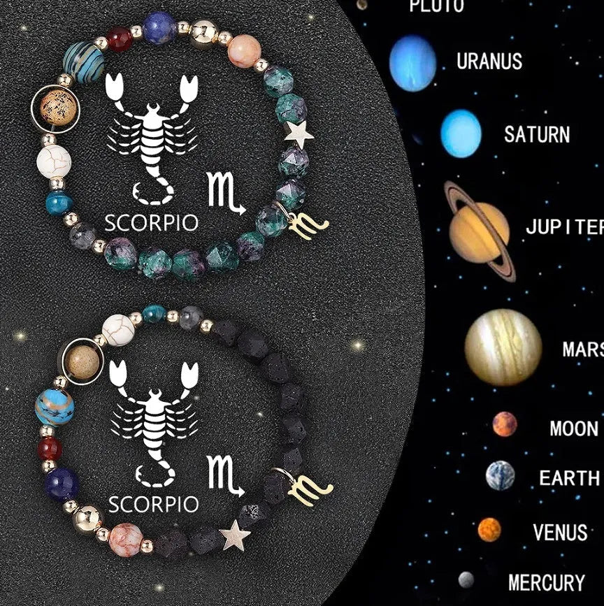 Natural stone beaded bracelet set showing zodiac sign designs on adjustable elastic cord