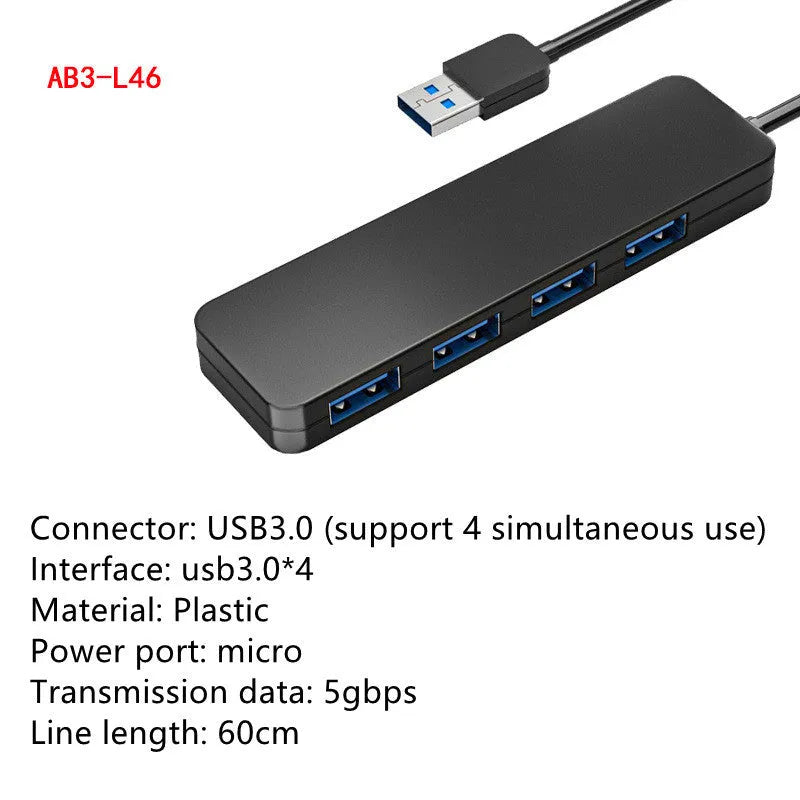 Black USB 3.0 hub with four ports, a 30cm cable, and LED status indicators next to each port.
