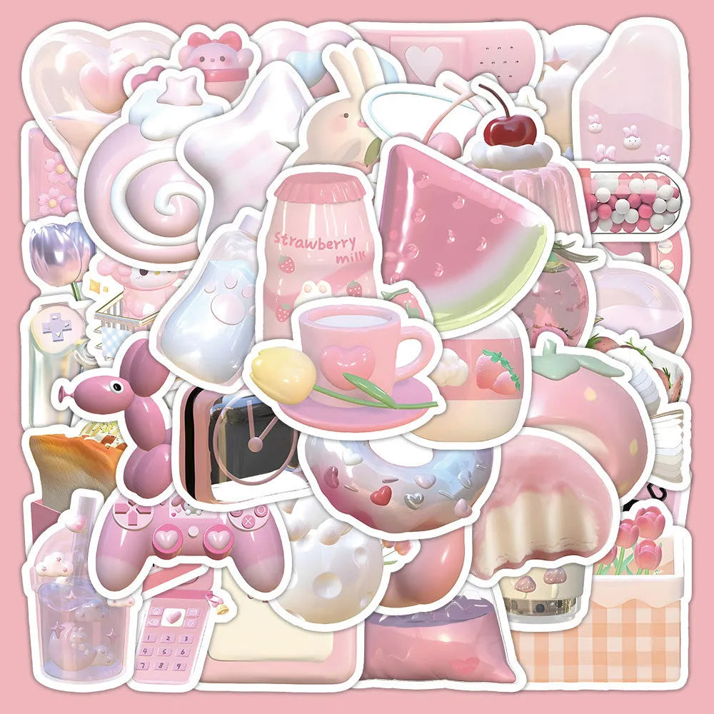 Sheet of 63 pink girl heart decorative stickers with 3D effect in cute style