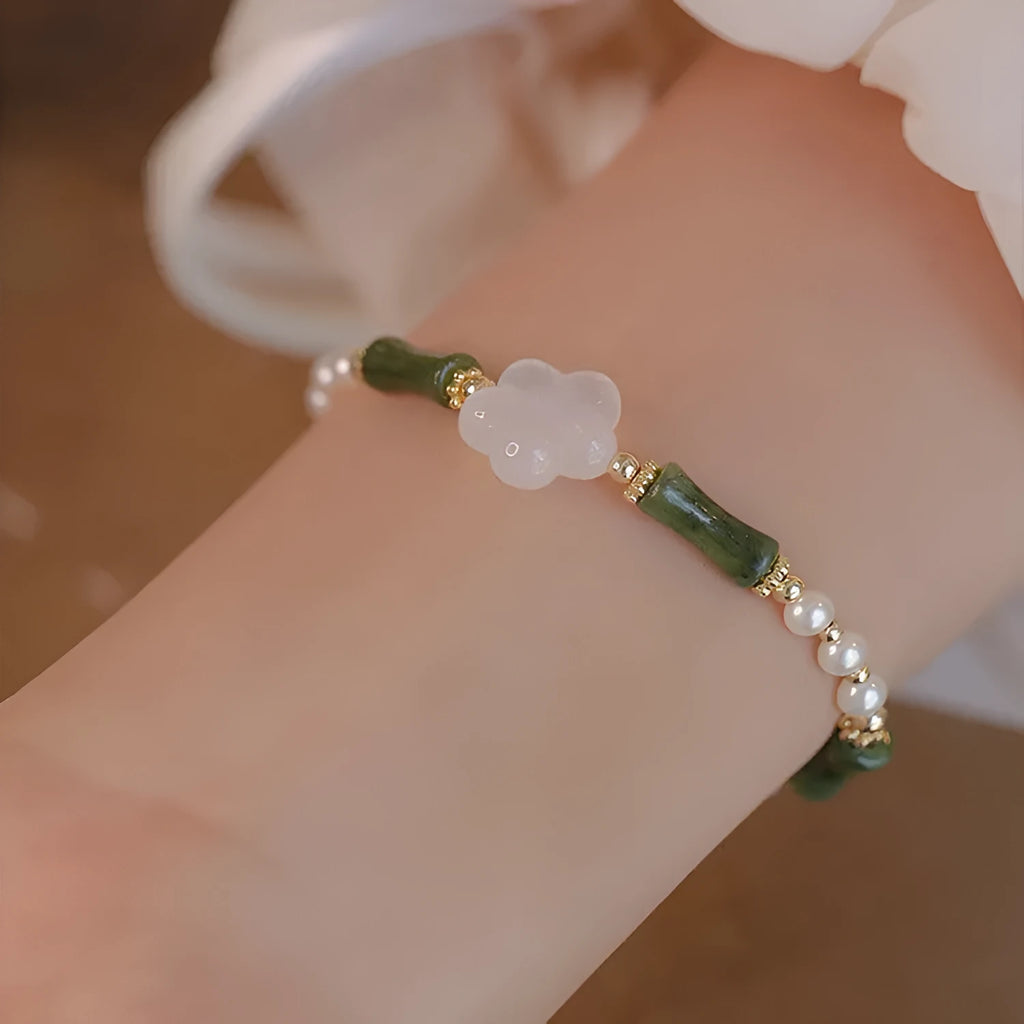 Chinese style antique bamboo joint bracelet with 4mm copper shell pearls and Hetian jade accents
