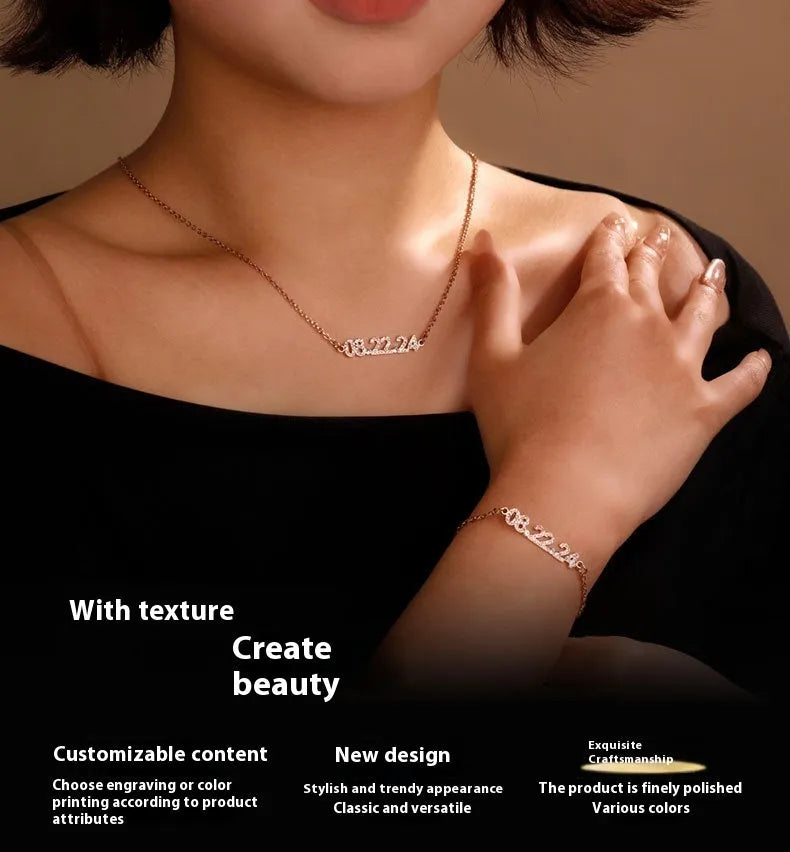 Stainless steel digital bracelet with diamond-studded numbers in gold finish on wrist.